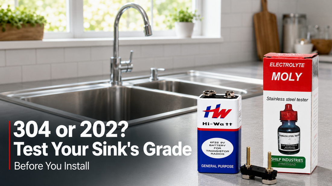 MOLY stainless steel testing liquid bottle on a kitchen sink counter, used to check SS 304 vs 202 grade before installation