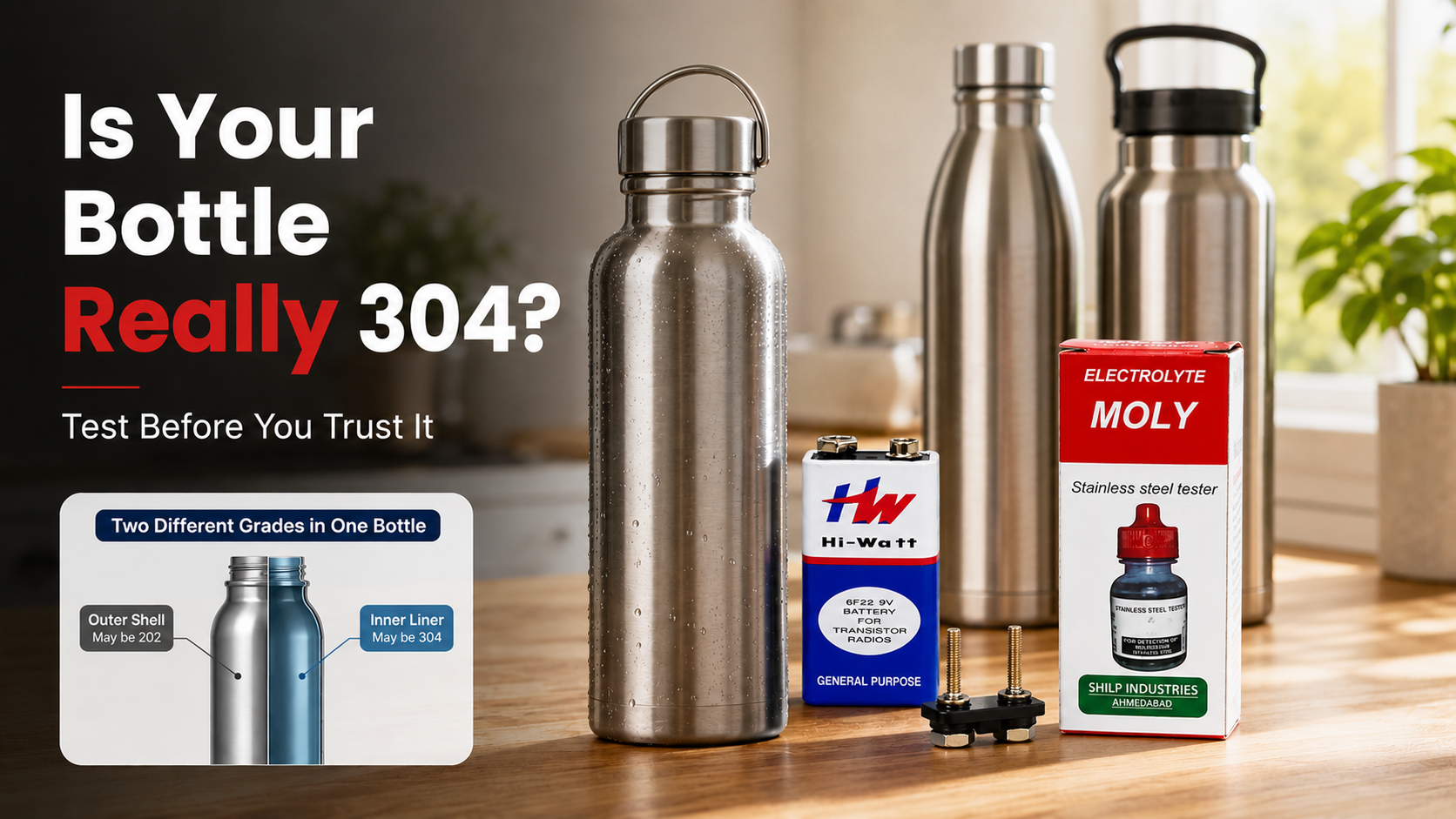 MOLY stainless steel testing liquid bottle next to a steel water bottle, used to check if it is genuine 304 grade