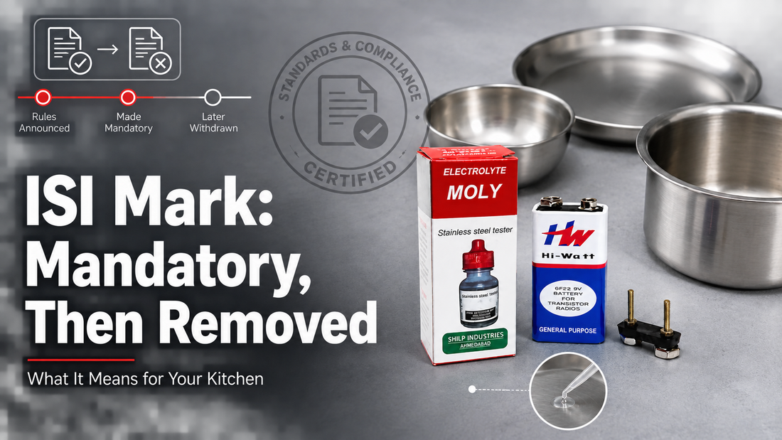 BIS ISI mark and MOLY stainless steel testing liquid next to Indian kitchen utensils
