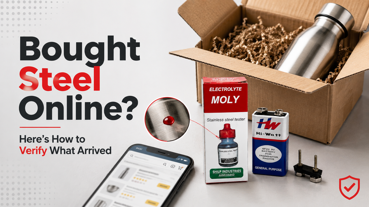 MOLY stainless steel testing liquid used to verify a steel product ordered from Amazon or Flipkart