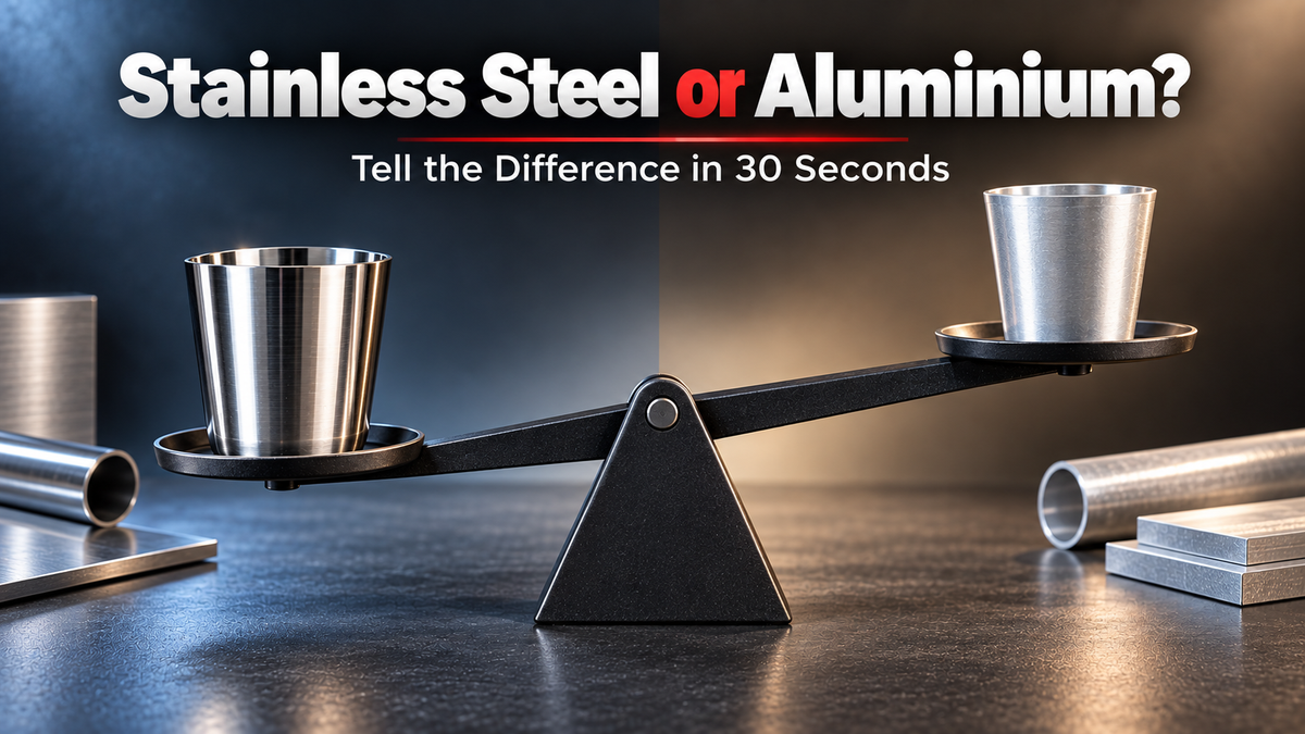 Comparing a stainless steel item and an aluminium item side by side, checking weight and testing with a magnet