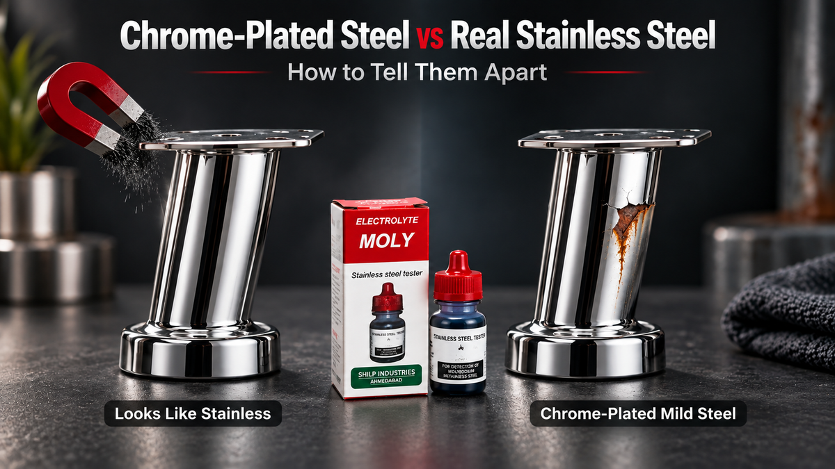 Magnet test revealing chrome-plated mild steel versus genuine stainless steel, with MOLY testing liquid shown as the next verification step