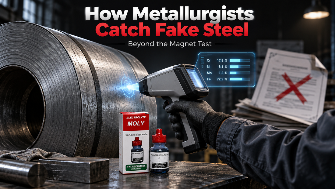Metallurgist using handheld XRF gun to test stainless steel coil for grade verification