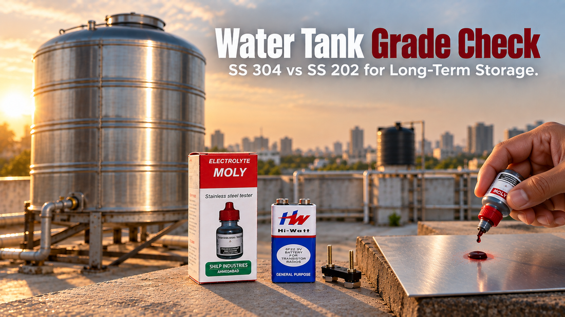 Stainless steel overhead water tank on a rooftop with a grade testing kit and raw sheet sample nearby