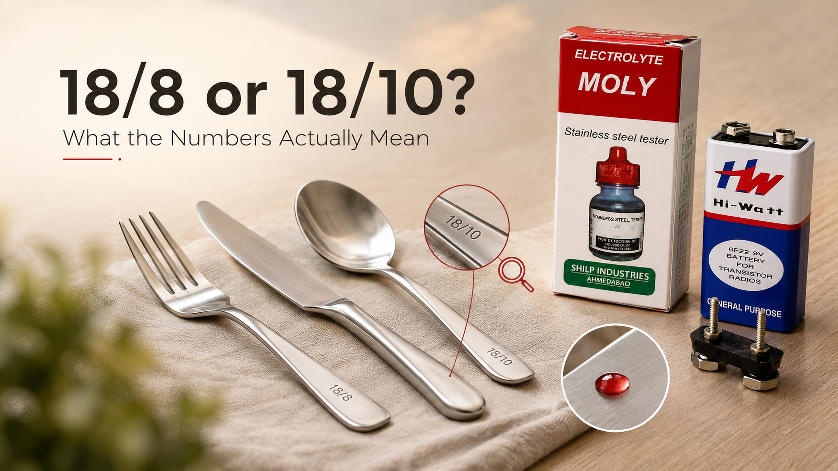 MOLY stainless steel testing liquid next to cutlery labeled 18/8 and 18/10