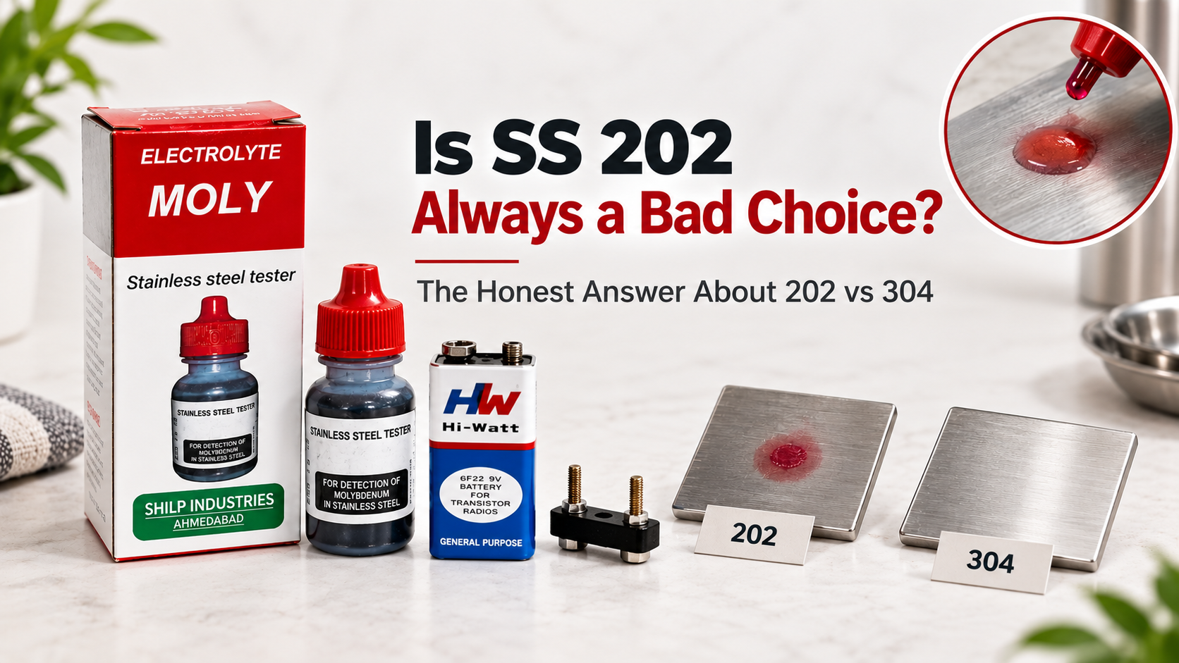 MOLY testing liquid drop reaction comparing SS 202 and SS 304 stainless steel samples