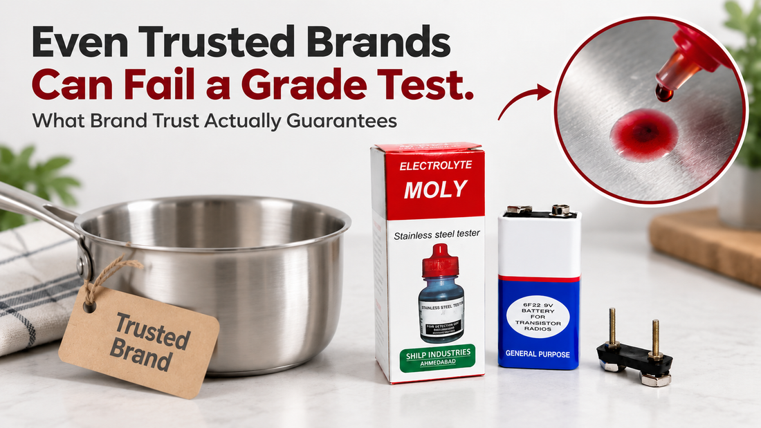 MOLY testing liquid used to verify stainless steel grade on a branded kitchen product