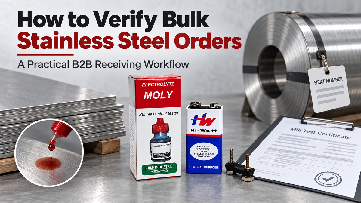 MOLY testing liquid used for incoming inspection of bulk stainless steel coils at a fabrication workshop