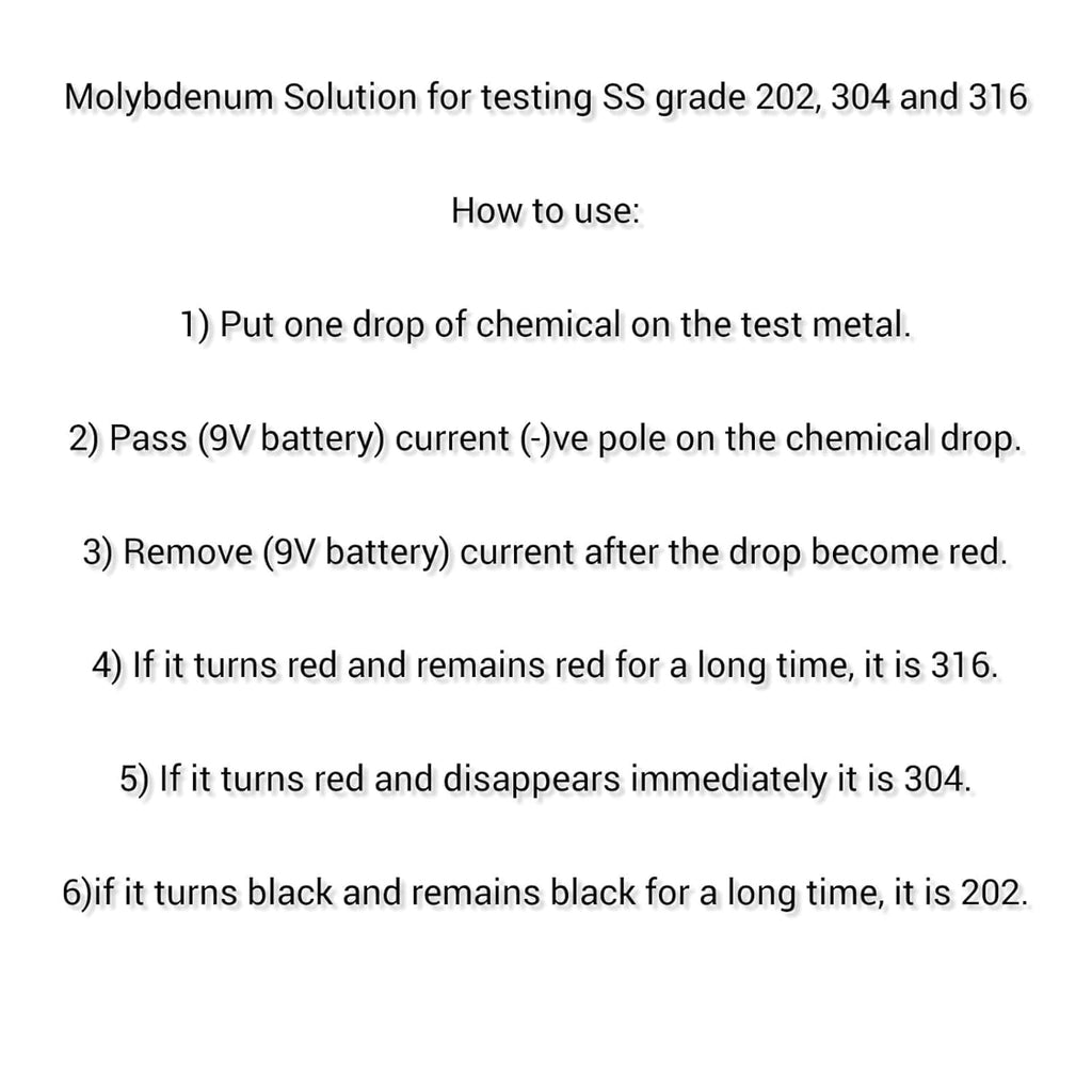 Instructions to identify SS grade 202 304 316 using Molybdenum solution