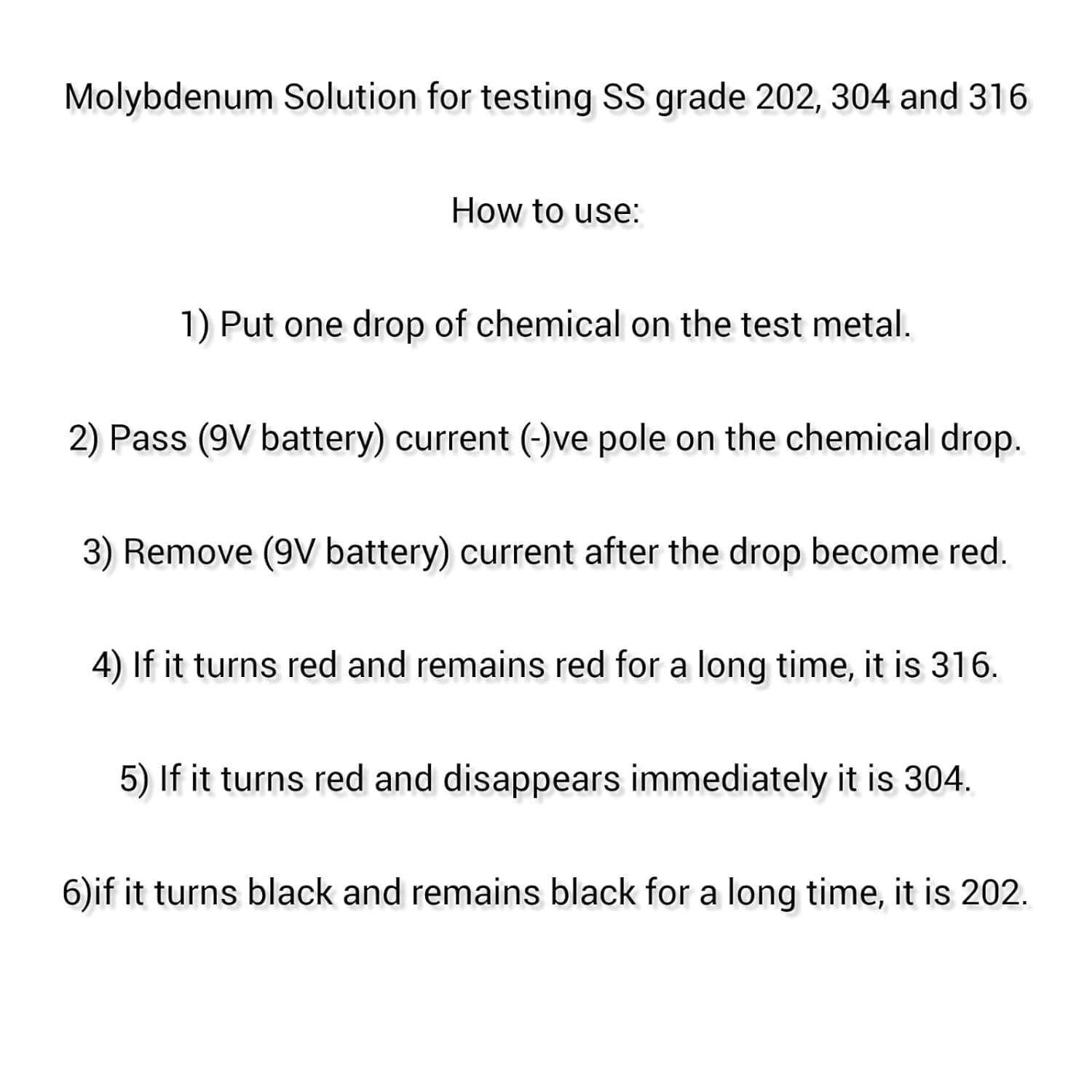 Instructions to identify SS grade 202 304 316 using Molybdenum solution
