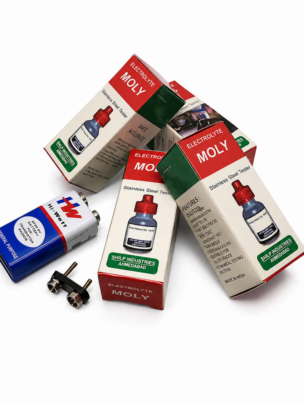 Four stainless steel testing liquid bottles with 9V battery kit