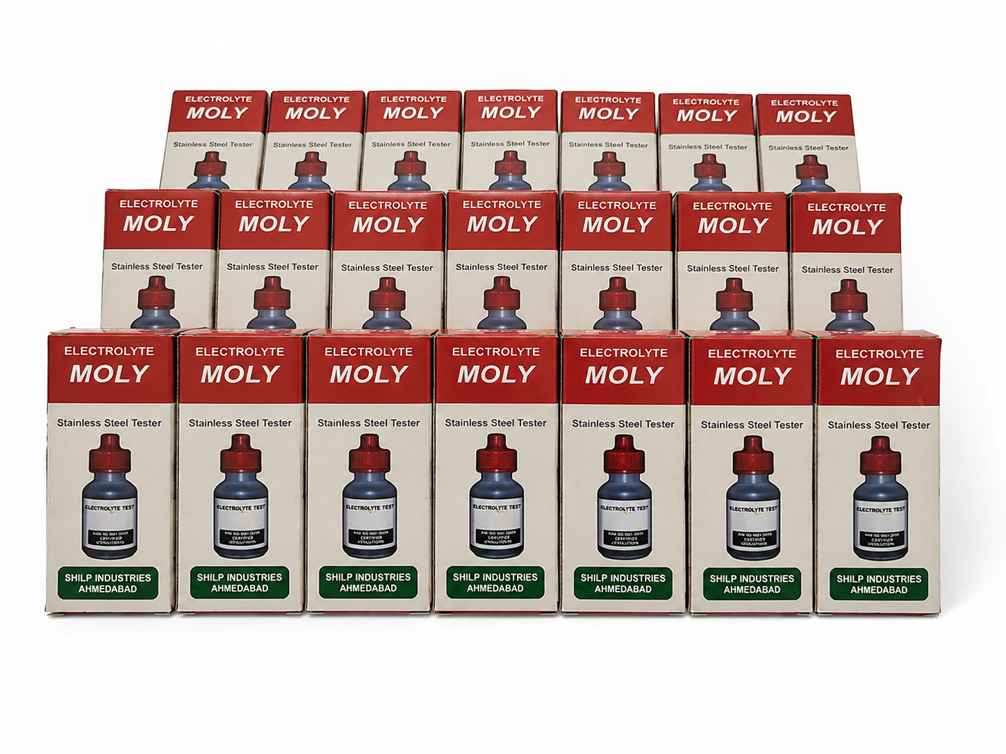 Row of stainless steel grade testing liquid boxes bulk pack