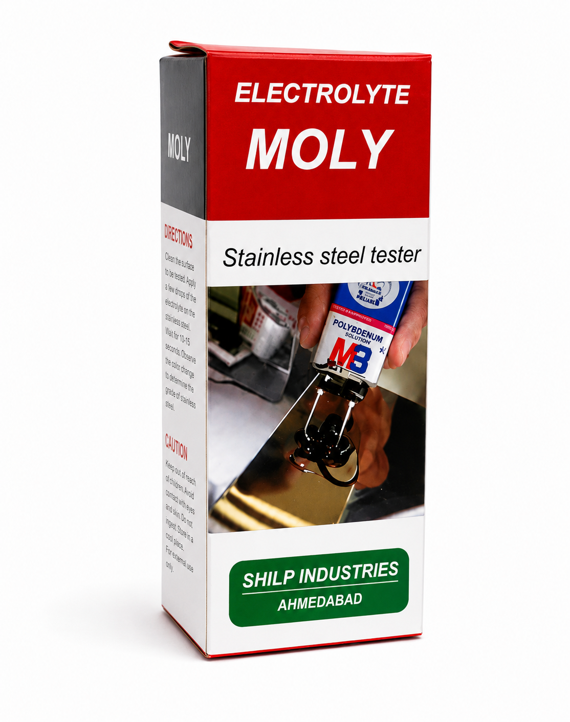 Electrolyte Moly stainless steel tester bottle with red cap
