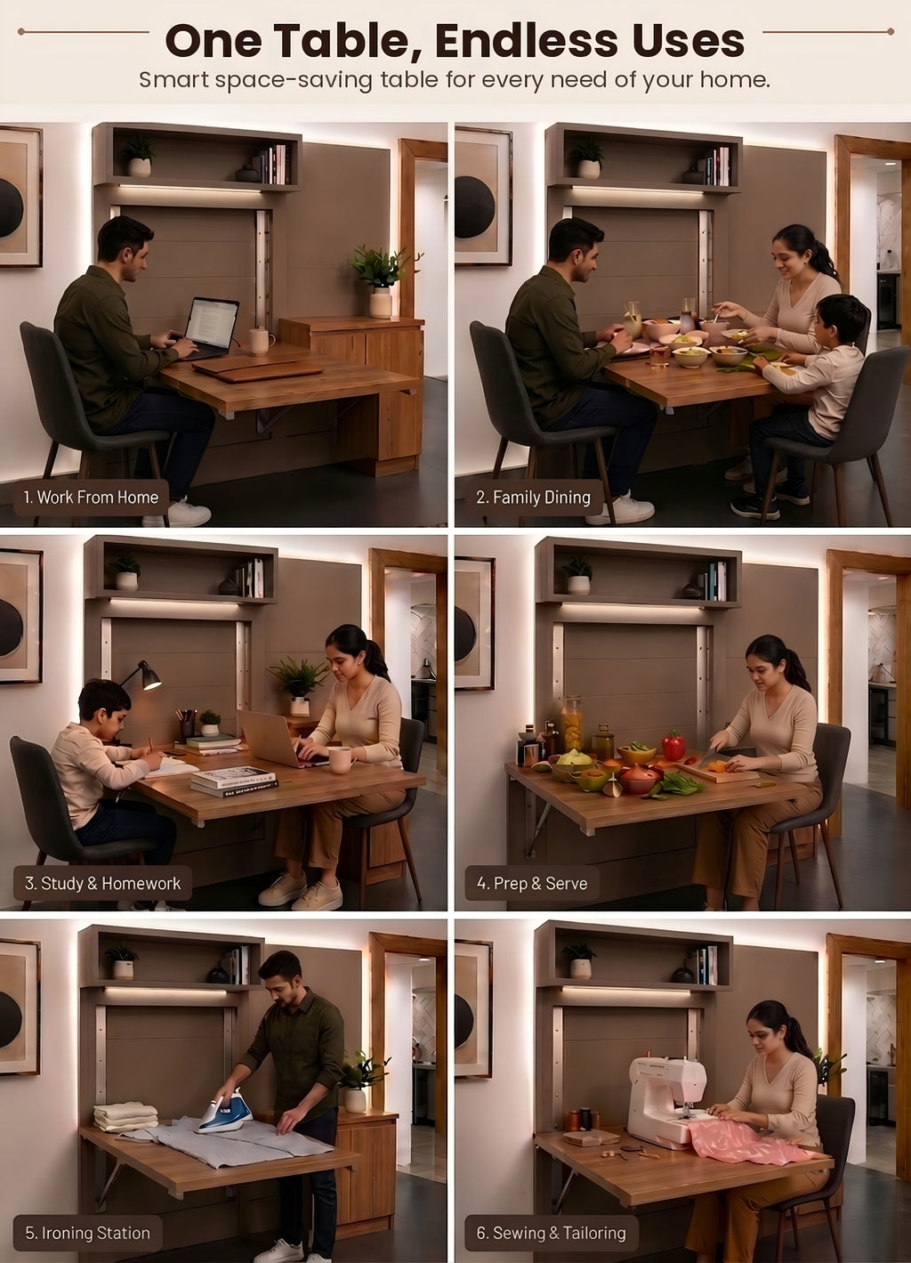 Wall mounted folding dining table in small apartment dining room
