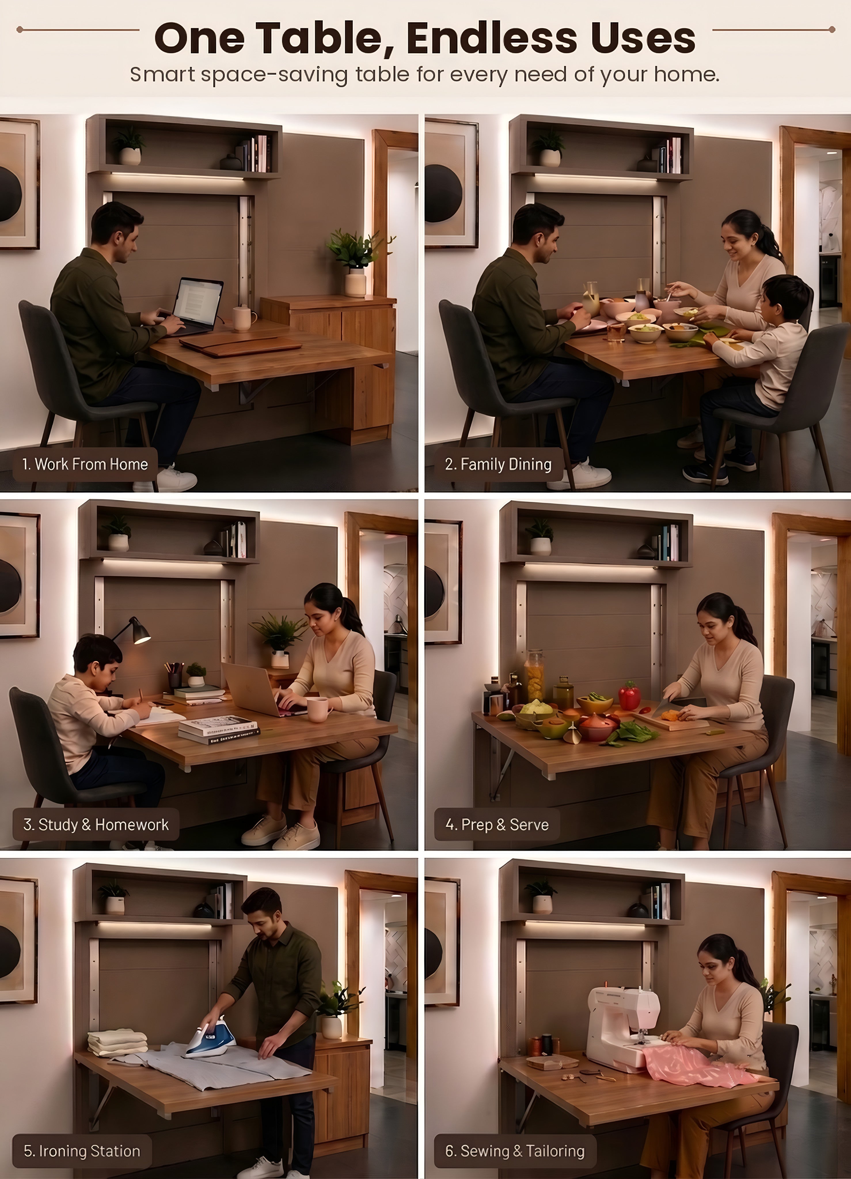 Wall mounted folding dining table in small apartment dining room